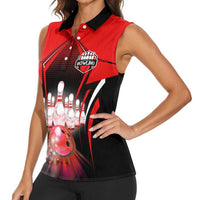 Red Bowling Strike Graphic Women Sleeveless Polo Shirt with Pins and Ball and Custom Name Design - Wonder Print Shop