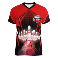 Red Bowling Strike Graphic Women V-Neck T-Shirt with Pins and Ball and Custom Name Design - Wonder Print Shop