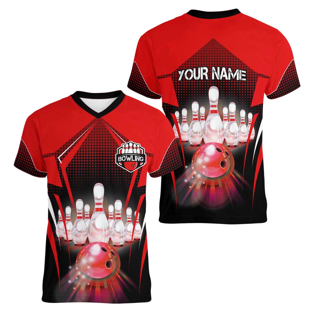 Red Bowling Strike Graphic Women V-Neck T-Shirt with Pins and Ball and Custom Name Design - Wonder Print Shop