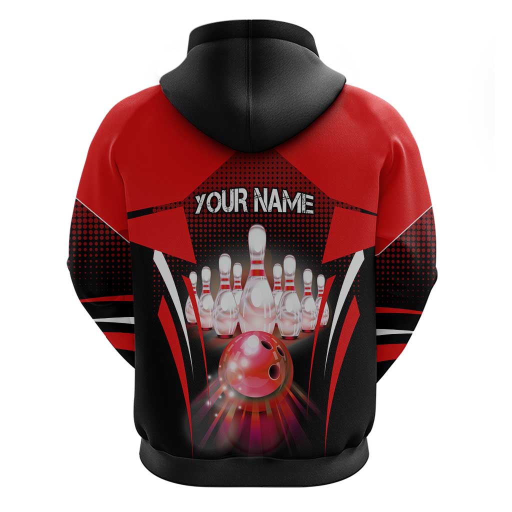Red Bowling Strike Graphic Zip Hoodie with Pins and Ball and Custom Name Design - Wonder Print Shop