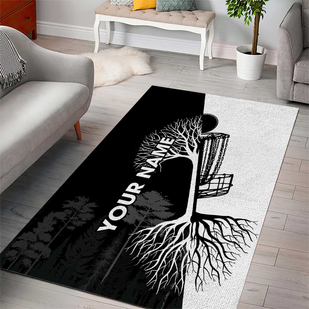 Black and White Disc Golf Tree Graphic Area Rug with Roots Silhouette and Custom Name Design - Wonder Print Shop