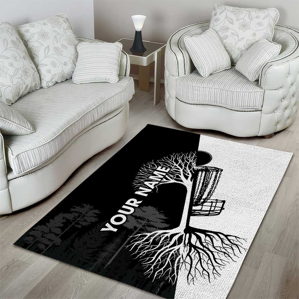 Black and White Disc Golf Tree Graphic Area Rug with Roots Silhouette and Custom Name Design - Wonder Print Shop