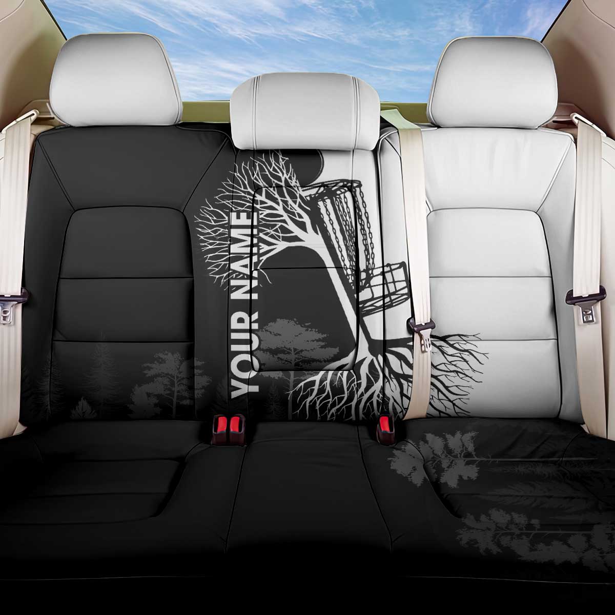 Black and White Disc Golf Tree Graphic Back Car Seat Cover with Roots Silhouette and Custom Name Design - Wonder Print Shop
