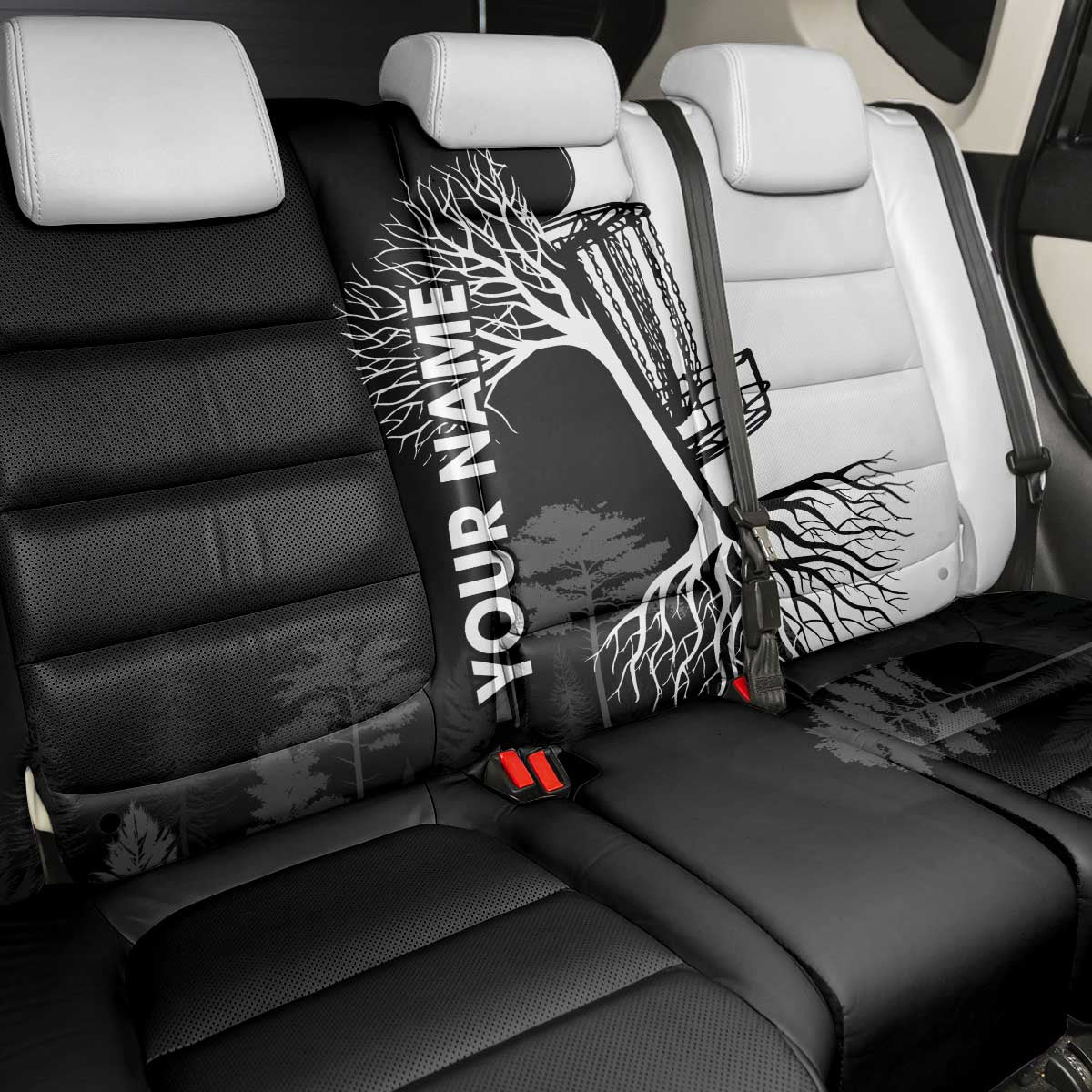 Black and White Disc Golf Tree Graphic Back Car Seat Cover with Roots Silhouette and Custom Name Design - Wonder Print Shop