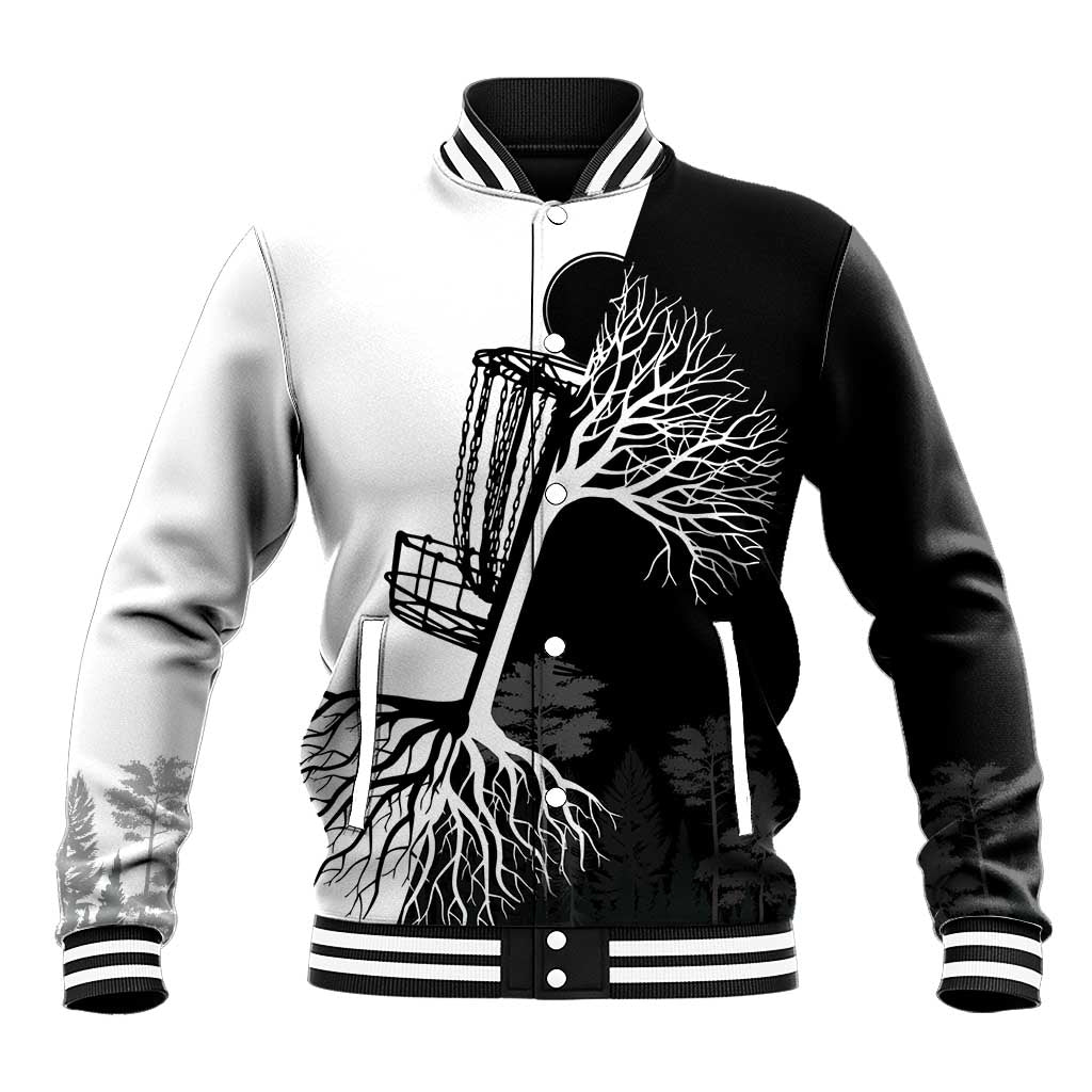 Black and White Disc Golf Tree Graphic Baseball Jacket with Roots Silhouette and Custom Name Design - Wonder Print Shop