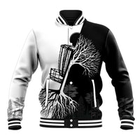 Black and White Disc Golf Tree Graphic Baseball Jacket with Roots Silhouette and Custom Name Design - Wonder Print Shop