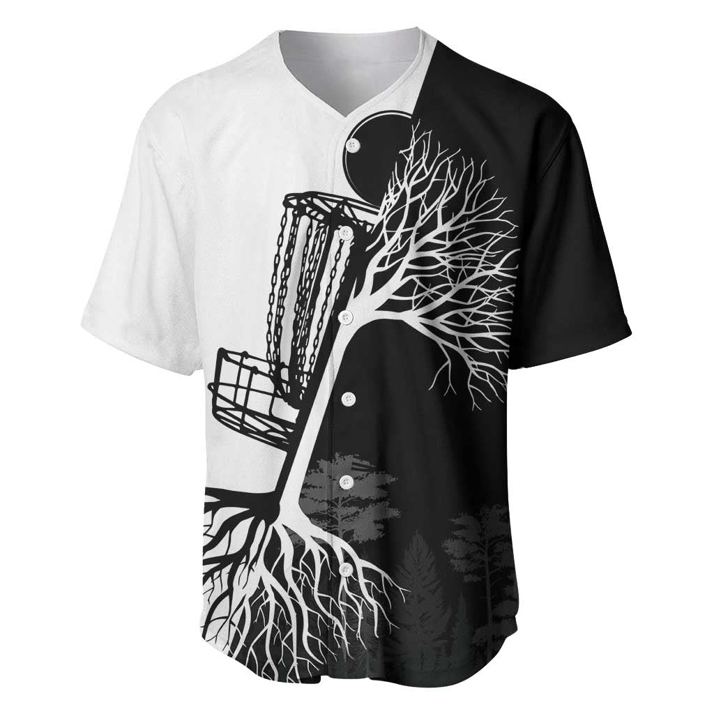 Black and White Disc Golf Tree Graphic Baseball Jersey with Roots Silhouette and Custom Name Design - Wonder Print Shop