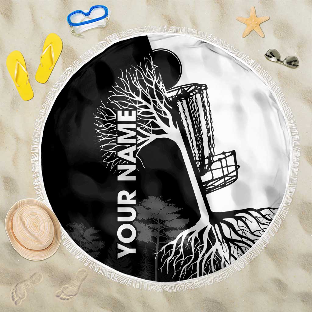 Black and White Disc Golf Tree Graphic Beach Blanket with Roots Silhouette and Custom Name Design - Wonder Print Shop