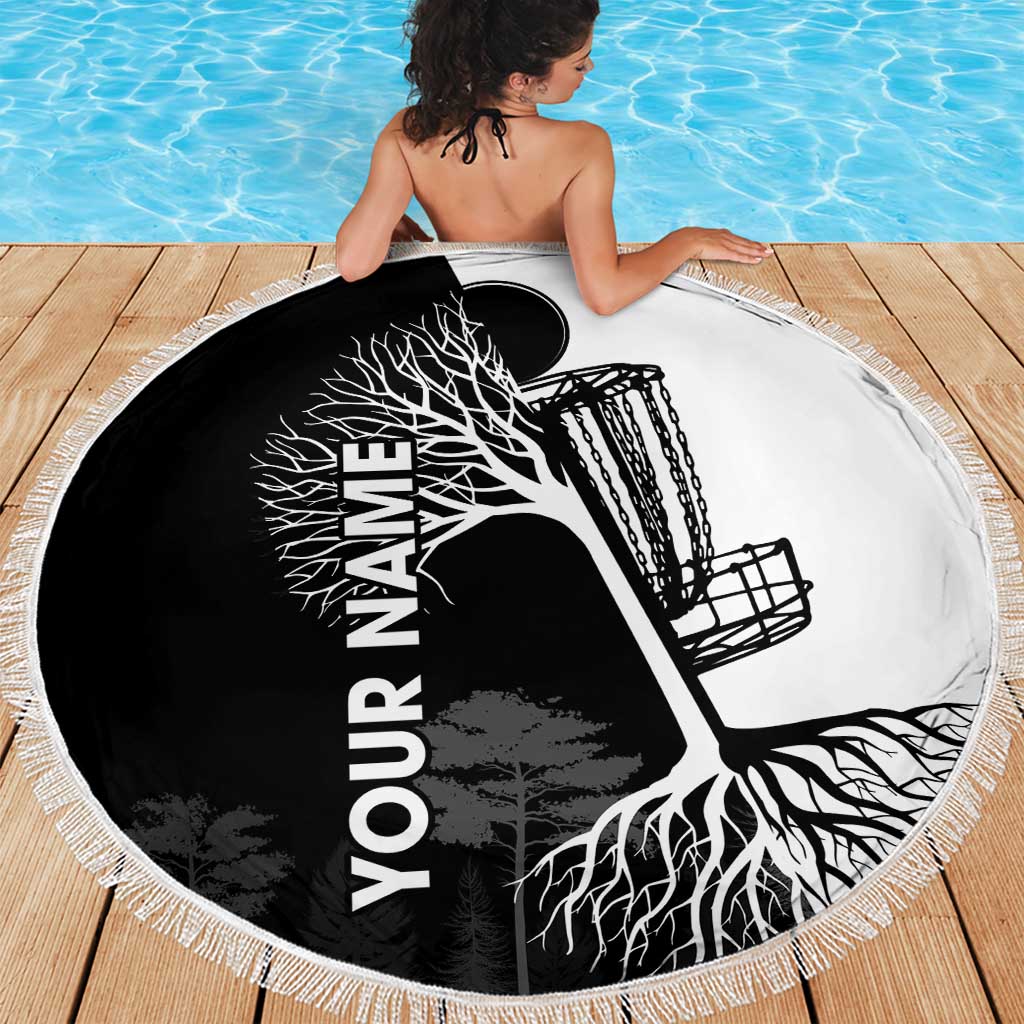 Black and White Disc Golf Tree Graphic Beach Blanket with Roots Silhouette and Custom Name Design - Wonder Print Shop