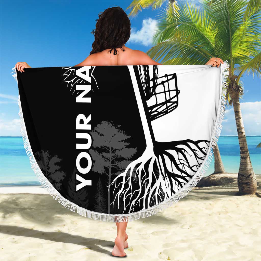 Black and White Disc Golf Tree Graphic Beach Blanket with Roots Silhouette and Custom Name Design - Wonder Print Shop