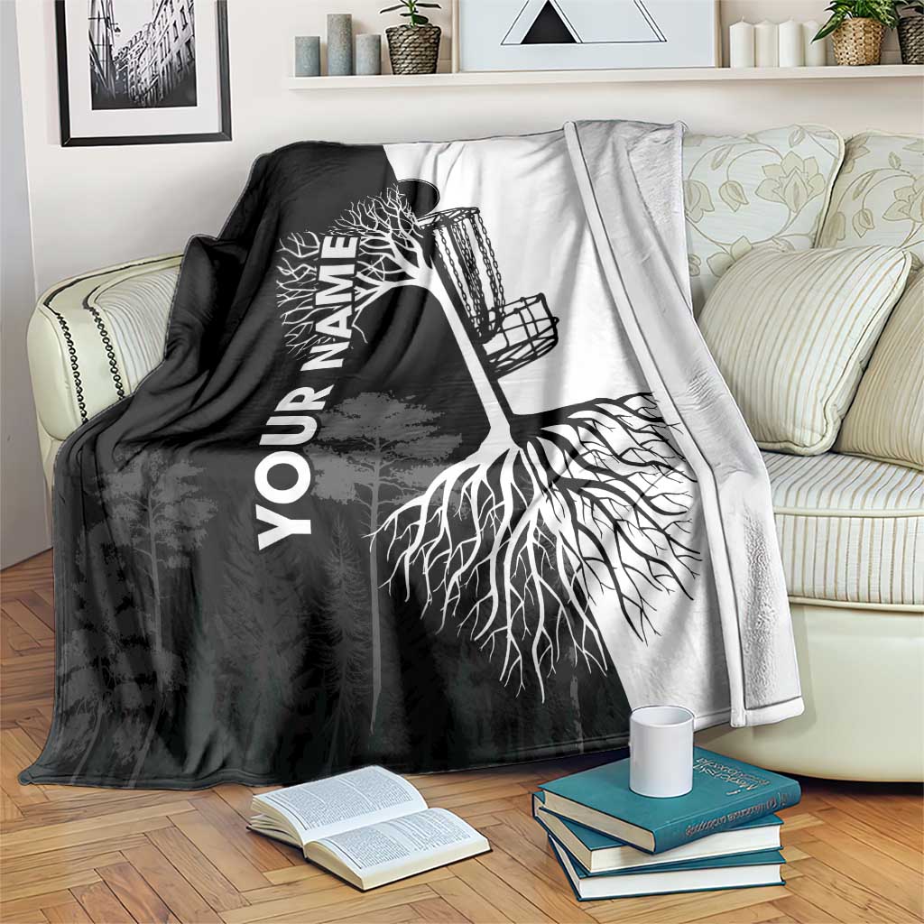 Black and White Disc Golf Tree Graphic Blanket with Roots Silhouette and Custom Name Design - Wonder Print Shop