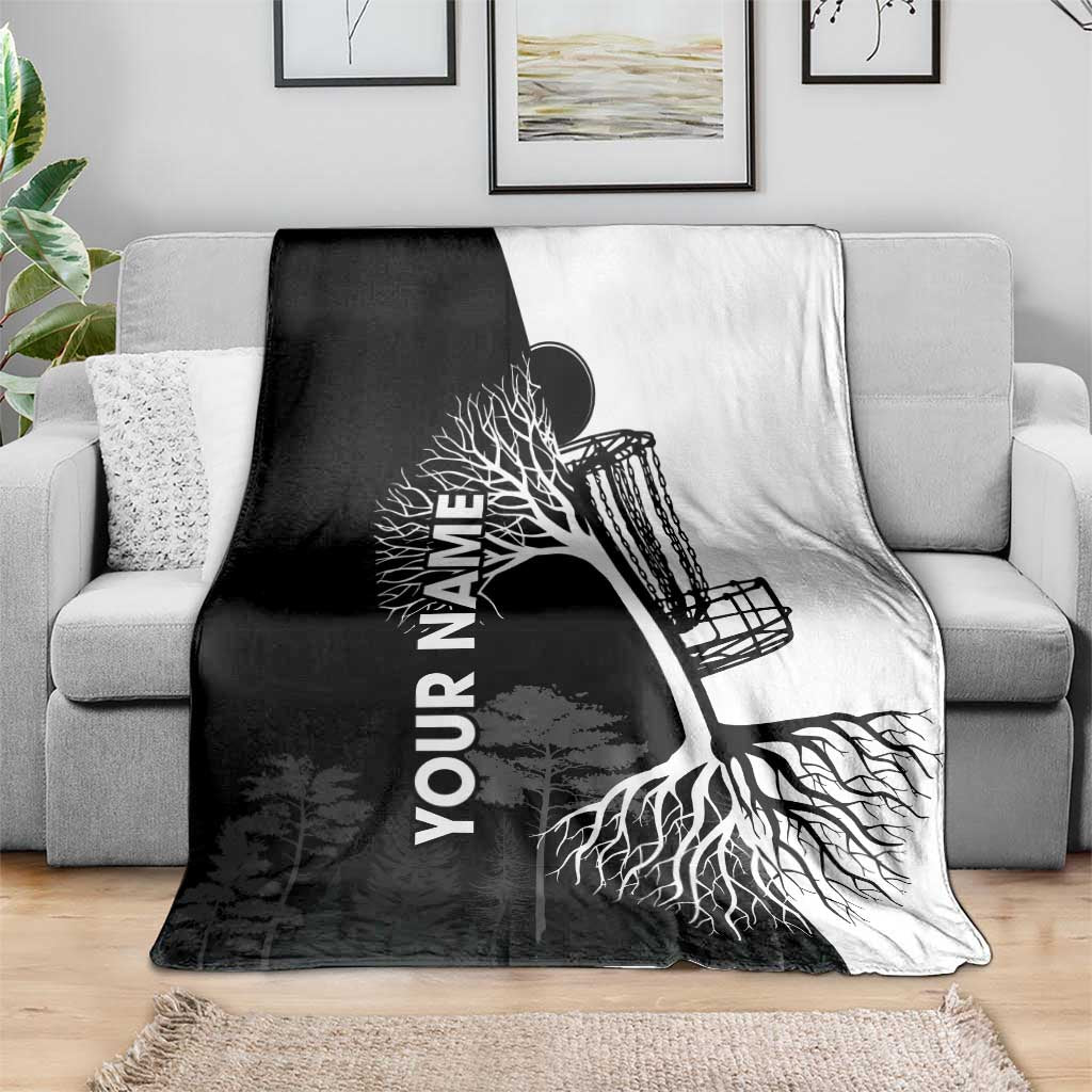 Black and White Disc Golf Tree Graphic Blanket with Roots Silhouette and Custom Name Design - Wonder Print Shop