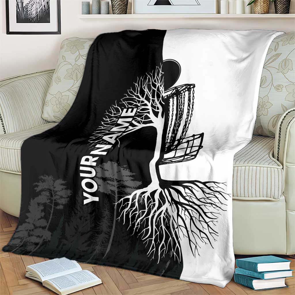 Black and White Disc Golf Tree Graphic Blanket with Roots Silhouette and Custom Name Design - Wonder Print Shop