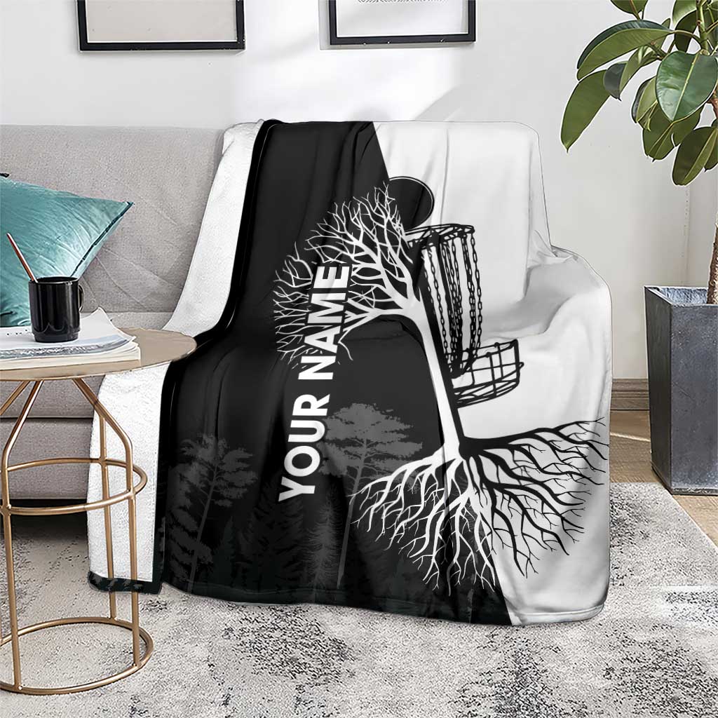 Black and White Disc Golf Tree Graphic Blanket with Roots Silhouette and Custom Name Design - Wonder Print Shop
