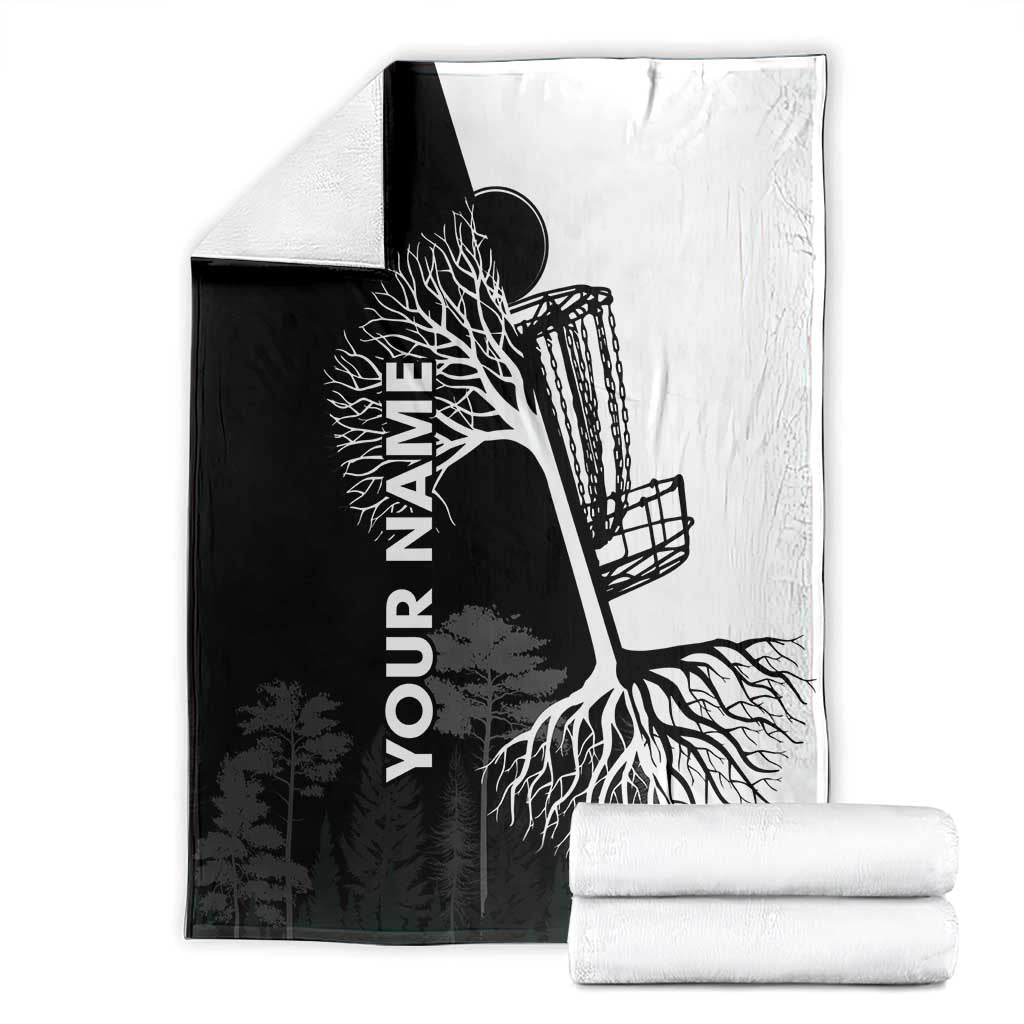 Black and White Disc Golf Tree Graphic Blanket with Roots Silhouette and Custom Name Design - Wonder Print Shop