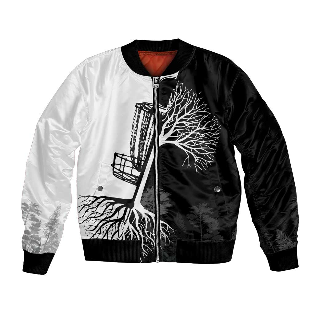 Black and White Disc Golf Tree Graphic Bomber Jacket with Roots Silhouette and Custom Name Design - Wonder Print Shop