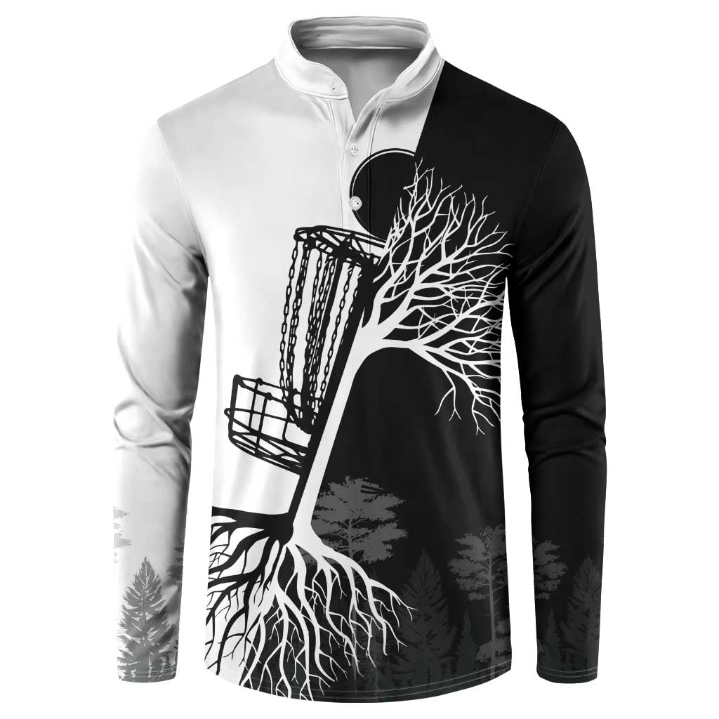 Black and White Disc Golf Tree Graphic Button Sweatshirt with Roots Silhouette and Custom Name Design - Wonder Print Shop
