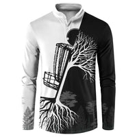 Black and White Disc Golf Tree Graphic Button Sweatshirt with Roots Silhouette and Custom Name Design - Wonder Print Shop