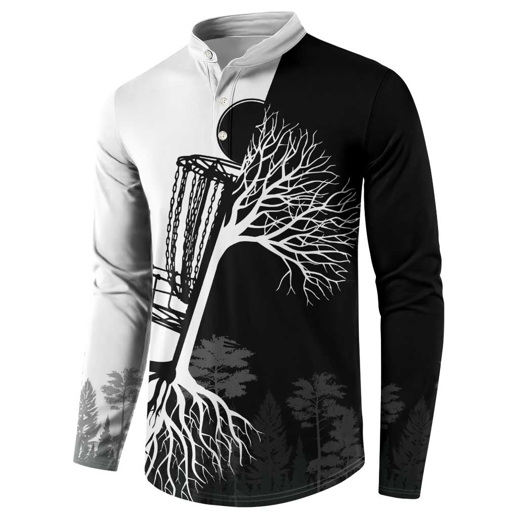 Black and White Disc Golf Tree Graphic Button Sweatshirt with Roots Silhouette and Custom Name Design - Wonder Print Shop