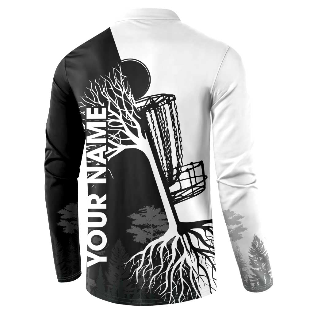 Black and White Disc Golf Tree Graphic Button Sweatshirt with Roots Silhouette and Custom Name Design - Wonder Print Shop