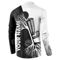 Black and White Disc Golf Tree Graphic Button Sweatshirt with Roots Silhouette and Custom Name Design - Wonder Print Shop