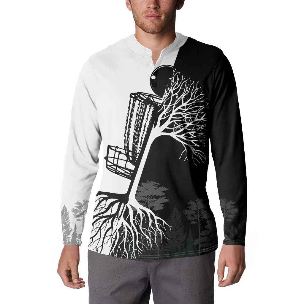 Black and White Disc Golf Tree Graphic Button Sweatshirt with Roots Silhouette and Custom Name Design - Wonder Print Shop