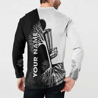 Black and White Disc Golf Tree Graphic Button Sweatshirt with Roots Silhouette and Custom Name Design - Wonder Print Shop