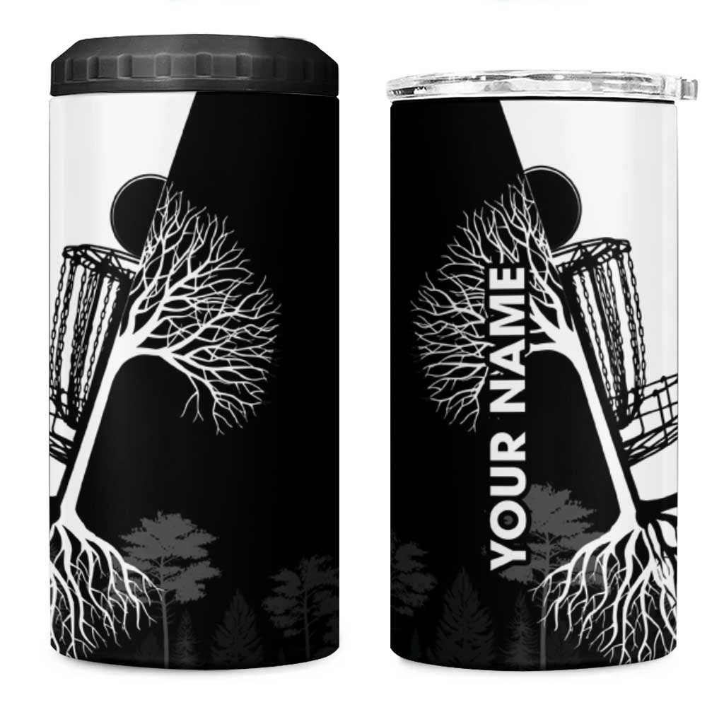 Black and White Disc Golf Tree Graphic 4 in 1 Can Cooler Tumbler with Roots Silhouette and Custom Name Design - Wonder Print Shop