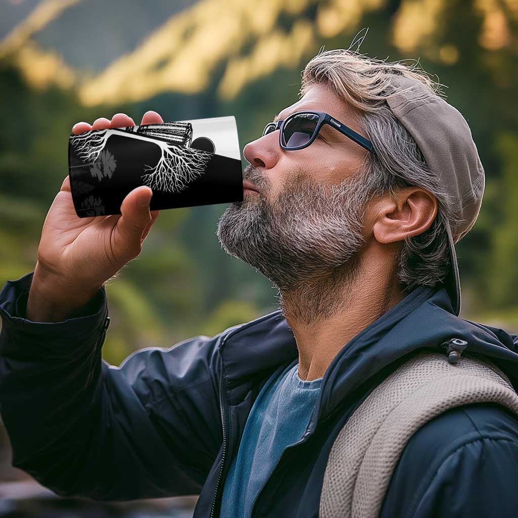 Black and White Disc Golf Tree Graphic 4 in 1 Can Cooler Tumbler with Roots Silhouette and Custom Name Design - Wonder Print Shop