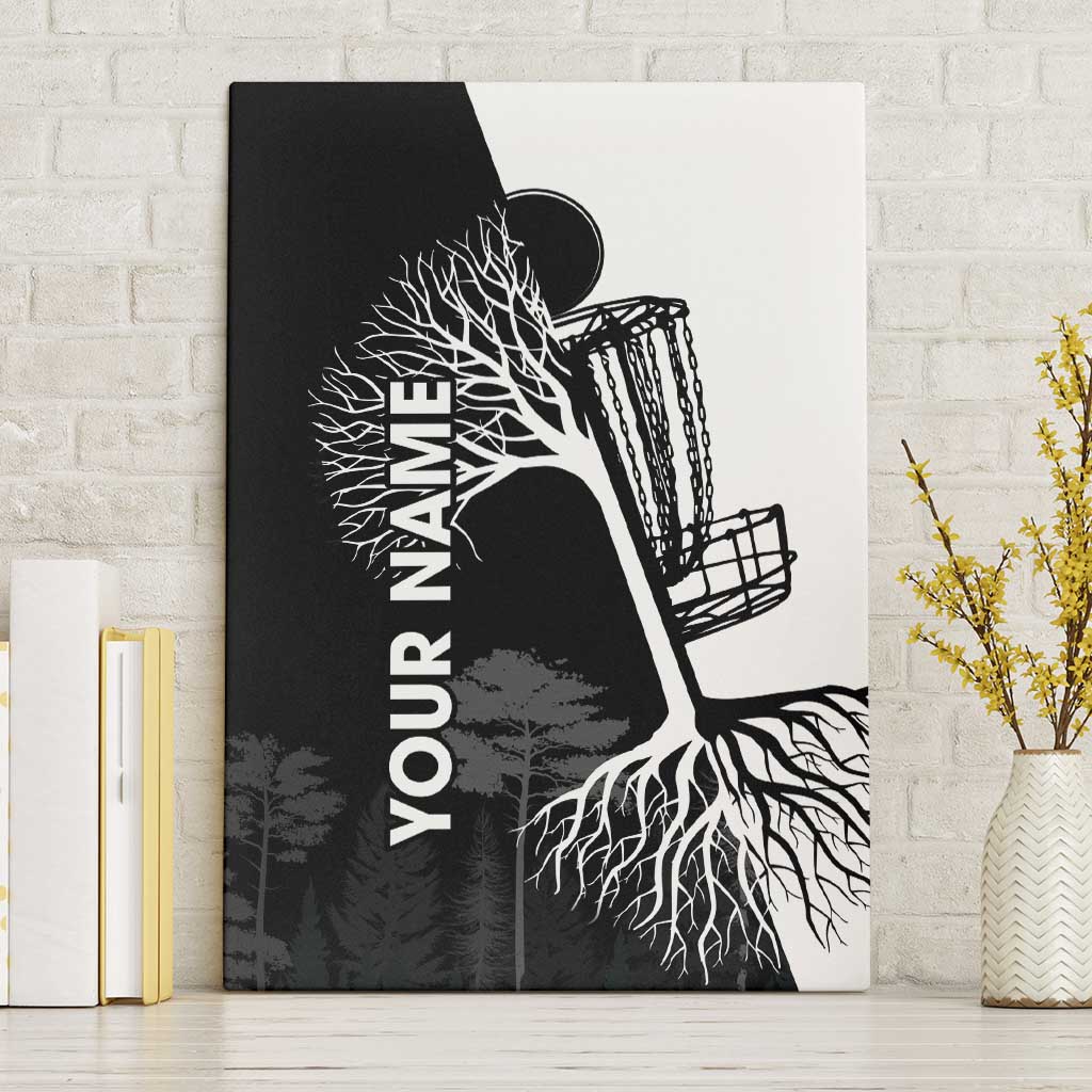 Black and White Disc Golf Tree Graphic Canvas Wall Art with Roots Silhouette and Custom Name Design - Wonder Print Shop