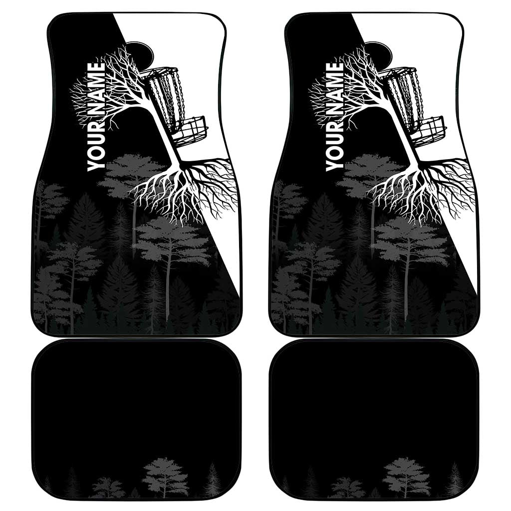 Black and White Disc Golf Tree Graphic Car Mats with Roots Silhouette and Custom Name Design - Wonder Print Shop