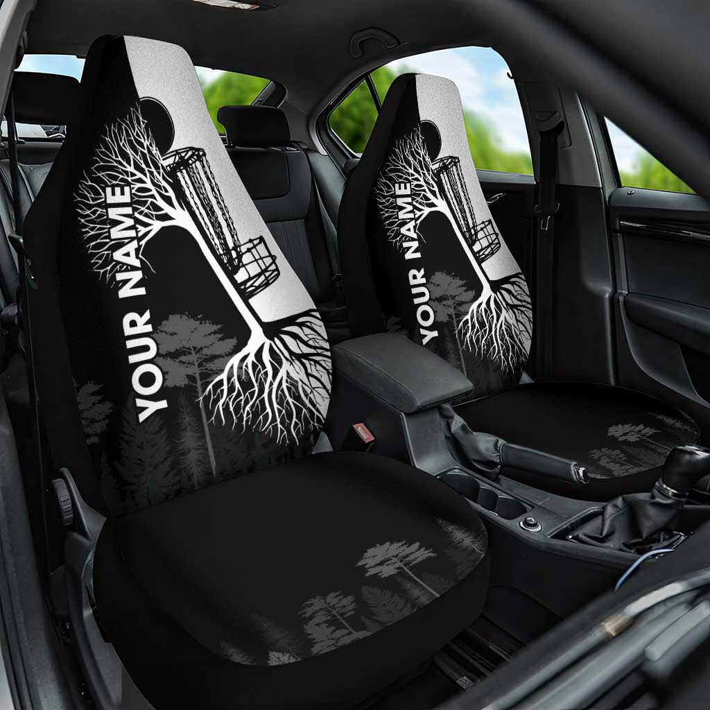 Black and White Disc Golf Tree Graphic Car Seat Cover with Roots Silhouette and Custom Name Design - Wonder Print Shop