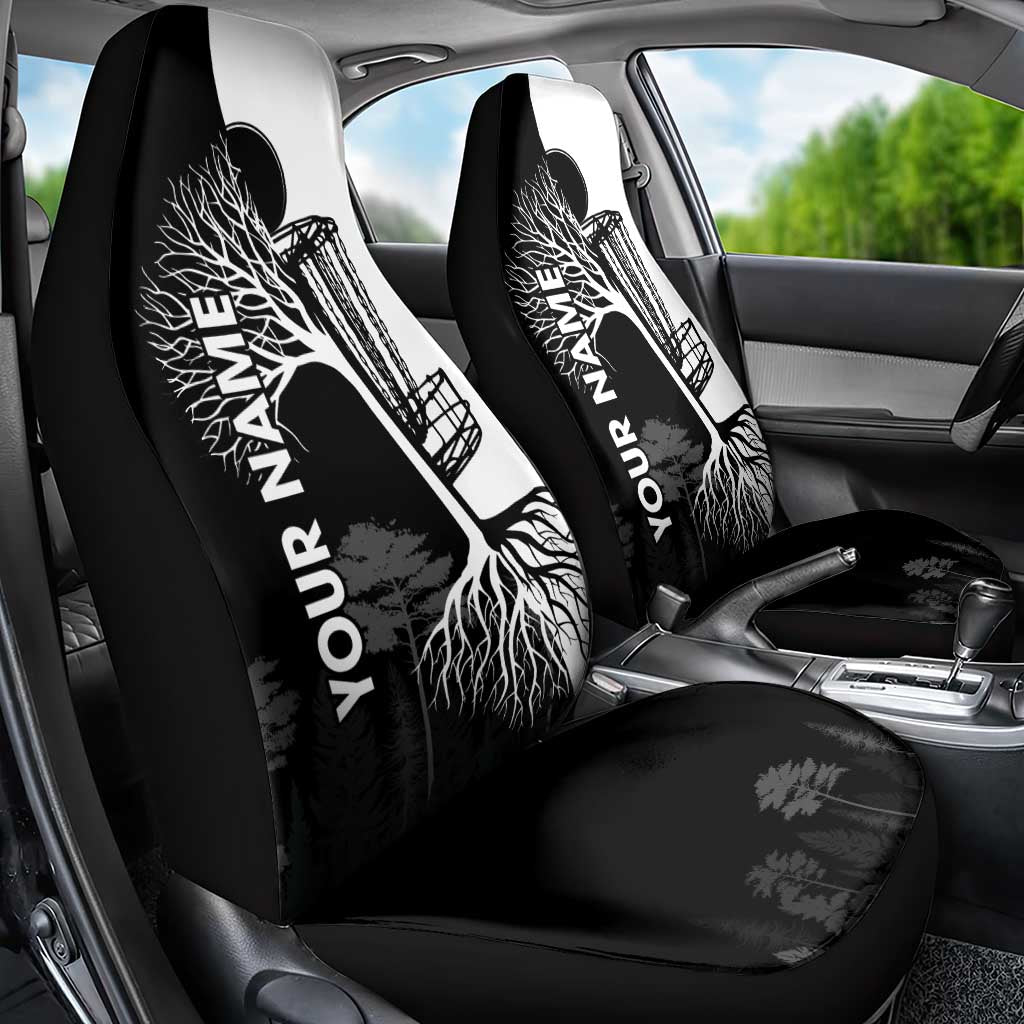 Black and White Disc Golf Tree Graphic Car Seat Cover with Roots Silhouette and Custom Name Design - Wonder Print Shop