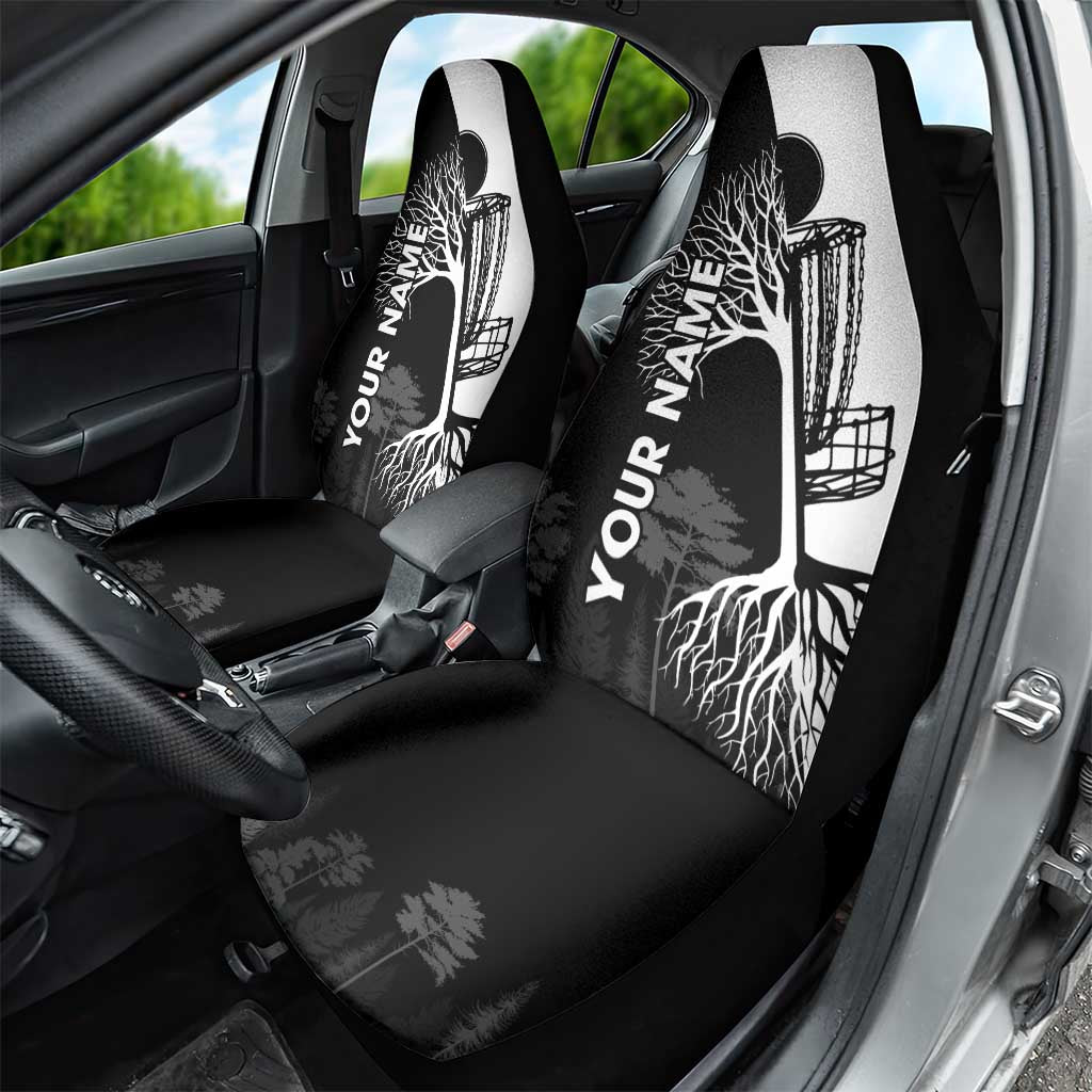 Black and White Disc Golf Tree Graphic Car Seat Cover with Roots Silhouette and Custom Name Design - Wonder Print Shop