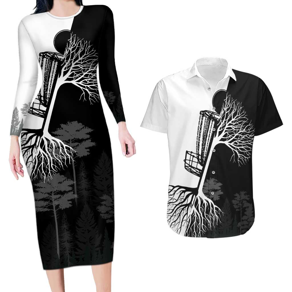 Black and White Disc Golf Tree Graphic Couples Matching Long Sleeve Bodycon Dress and Hawaiian Shirt with Roots Silhouette and Custom Name Design - Wonder Print Shop