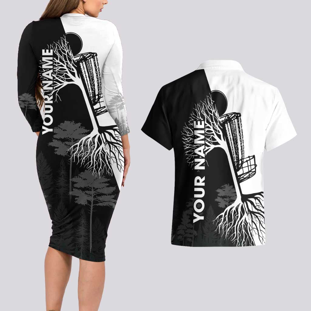 Black and White Disc Golf Tree Graphic Couples Matching Long Sleeve Bodycon Dress and Hawaiian Shirt with Roots Silhouette and Custom Name Design - Wonder Print Shop