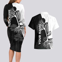 Black and White Disc Golf Tree Graphic Couples Matching Long Sleeve Bodycon Dress and Hawaiian Shirt with Roots Silhouette and Custom Name Design - Wonder Print Shop