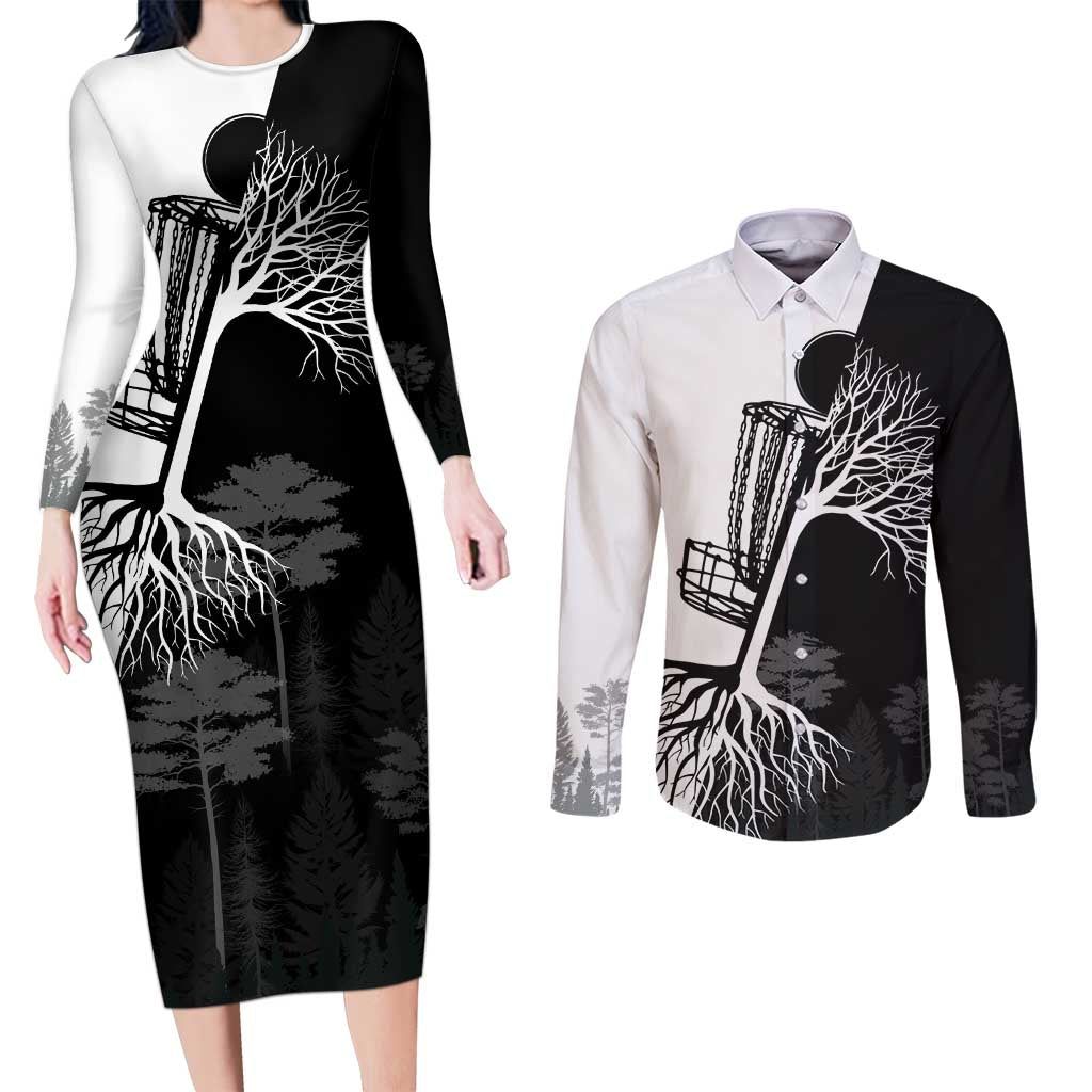 Black and White Disc Golf Tree Graphic Couples Matching Long Sleeve Bodycon Dress and Long Sleeve Button Shirt with Roots Silhouette and Custom Name Design - Wonder Print Shop