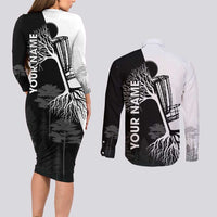 Black and White Disc Golf Tree Graphic Couples Matching Long Sleeve Bodycon Dress and Long Sleeve Button Shirt with Roots Silhouette and Custom Name Design - Wonder Print Shop