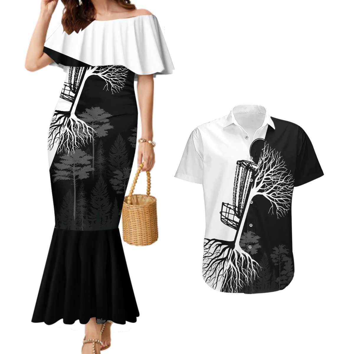 Black and White Disc Golf Tree Graphic Couples Matching Mermaid Dress and Hawaiian Shirt with Roots Silhouette and Custom Name Design - Wonder Print Shop