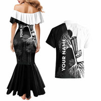 Black and White Disc Golf Tree Graphic Couples Matching Mermaid Dress and Hawaiian Shirt with Roots Silhouette and Custom Name Design - Wonder Print Shop