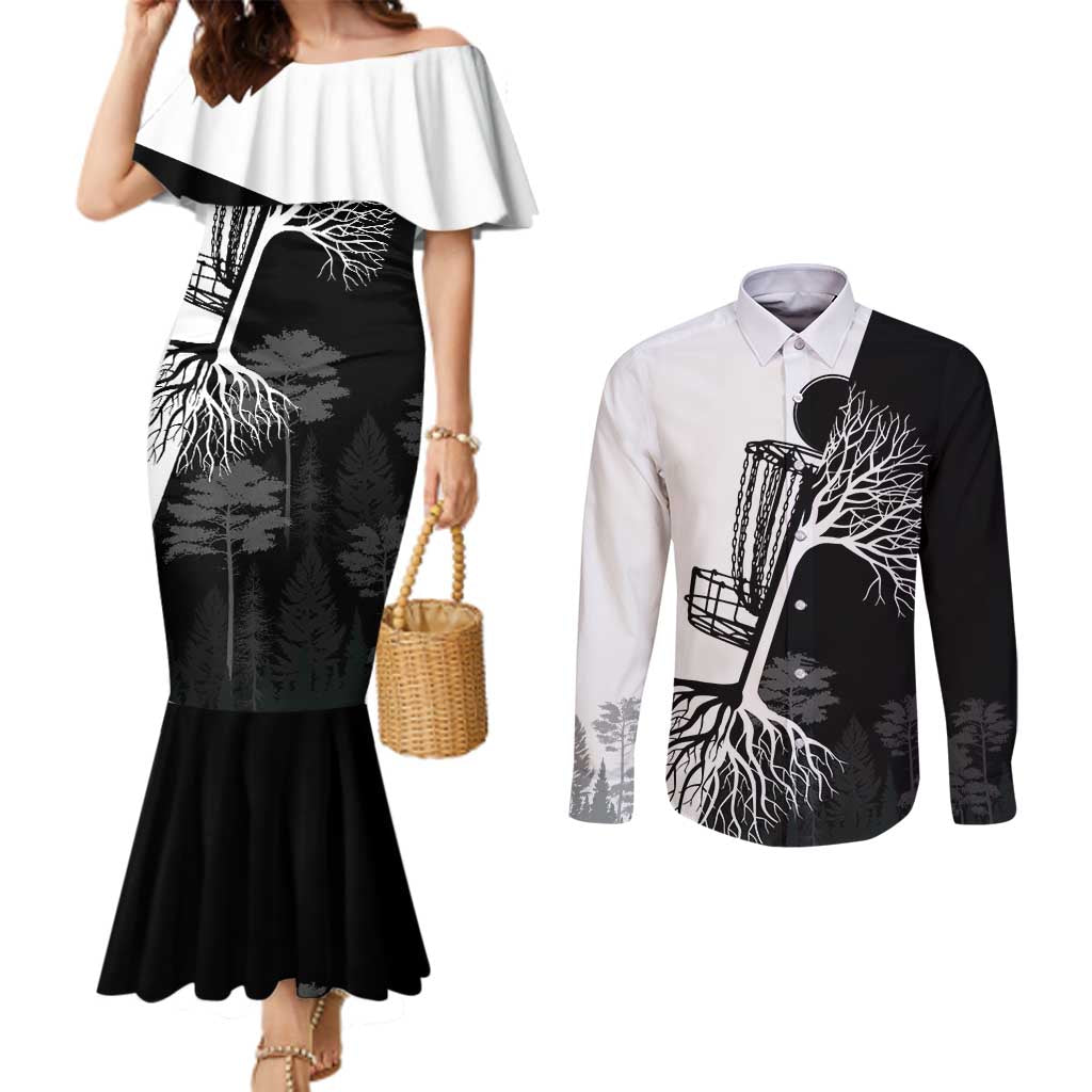 Black and White Disc Golf Tree Graphic Couples Matching Mermaid Dress and Long Sleeve Button Shirt with Roots Silhouette and Custom Name Design - Wonder Print Shop