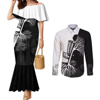 Black and White Disc Golf Tree Graphic Couples Matching Mermaid Dress and Long Sleeve Button Shirt with Roots Silhouette and Custom Name Design - Wonder Print Shop