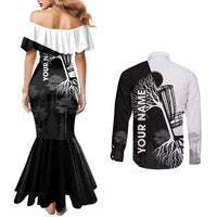 Black and White Disc Golf Tree Graphic Couples Matching Mermaid Dress and Long Sleeve Button Shirt with Roots Silhouette and Custom Name Design - Wonder Print Shop