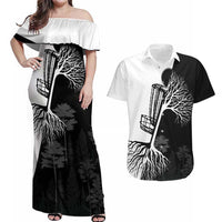 Black and White Disc Golf Tree Graphic Couples Matching Off Shoulder Maxi Dress and Hawaiian Shirt with Roots Silhouette and Custom Name Design - Wonder Print Shop