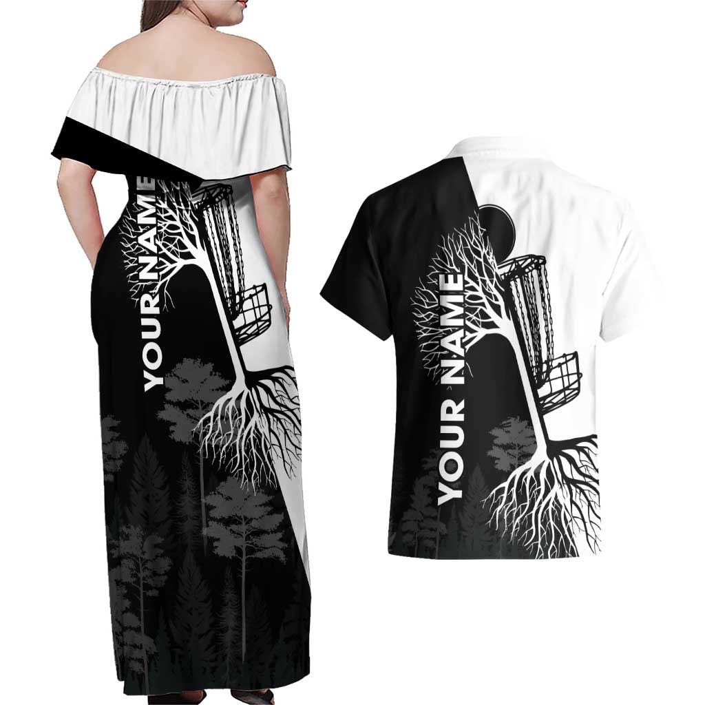 Black and White Disc Golf Tree Graphic Couples Matching Off Shoulder Maxi Dress and Hawaiian Shirt with Roots Silhouette and Custom Name Design - Wonder Print Shop