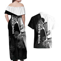 Black and White Disc Golf Tree Graphic Couples Matching Off Shoulder Maxi Dress and Hawaiian Shirt with Roots Silhouette and Custom Name Design - Wonder Print Shop