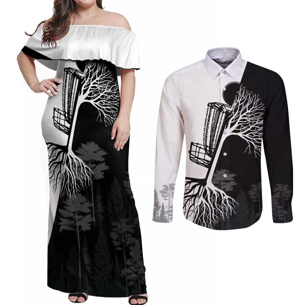 Black and White Disc Golf Tree Graphic Couples Matching Off Shoulder Maxi Dress and Long Sleeve Button Shirt with Roots Silhouette and Custom Name Design - Wonder Print Shop