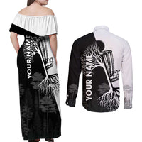 Black and White Disc Golf Tree Graphic Couples Matching Off Shoulder Maxi Dress and Long Sleeve Button Shirt with Roots Silhouette and Custom Name Design - Wonder Print Shop
