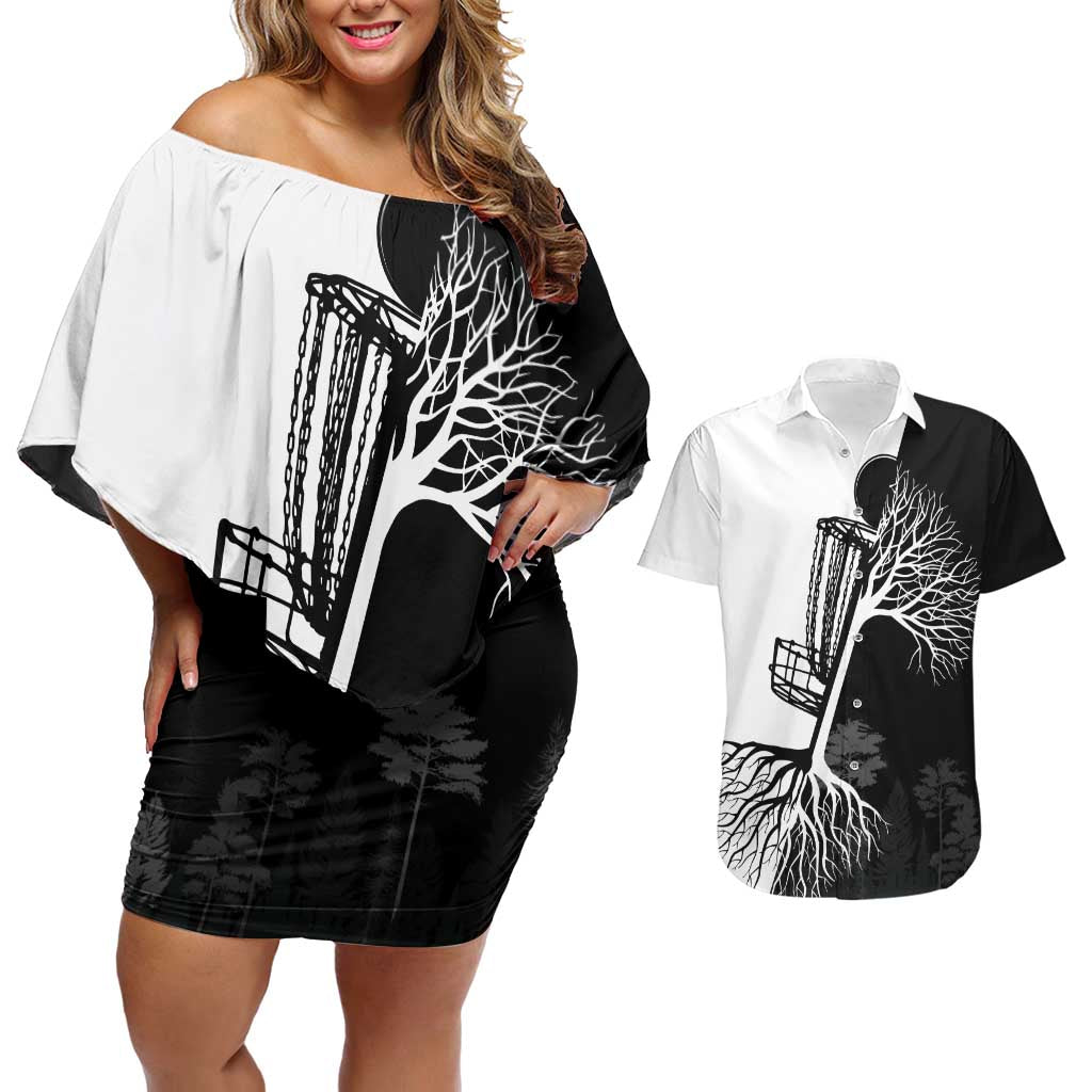 Black and White Disc Golf Tree Graphic Couples Matching Off Shoulder Short Dress and Hawaiian Shirt with Roots Silhouette and Custom Name Design - Wonder Print Shop